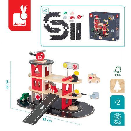 Drewniana remiza strażacka z 5 akcesoriami Bolid 2+, Janod