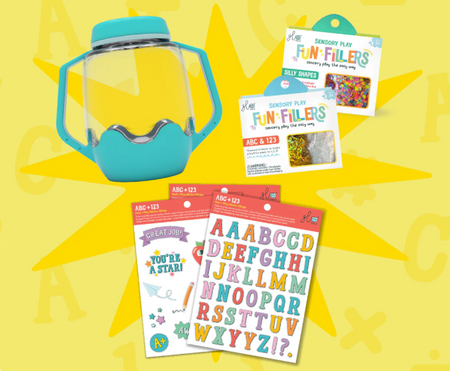 Glo Pals ABC Zestaw sensoryczny DIY, świecący słoik z brokatami i figurkami Fun Fillers + naklejki gratis
