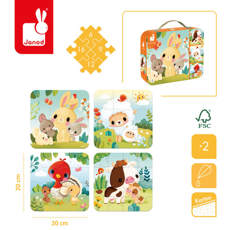 Janod Puzzle progresywne Zwierzątka na farmie w walizce – 4 układanki 6/9/12/16 elementów 2+