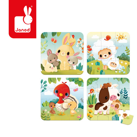 Janod Puzzle progresywne Zwierzątka na farmie w walizce – 4 układanki 6/9/12/16 elementów 2+
