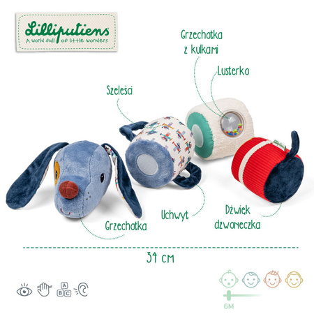 Lilliputiens Wałek dźwiękowy Piesek Jules – 4 elementy sensoryczne dla niemowląt 6m+