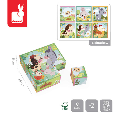 Janod Klocki układanka 6w1 Farma – 9 kostek, puzzle dla dzieci 2+