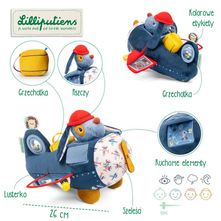 Lilliputiens Przytulanka aktywizująca Samolot Piesek Jules 9m+ – wielofunkcyjna zabawka sensoryczna dla niemowląt