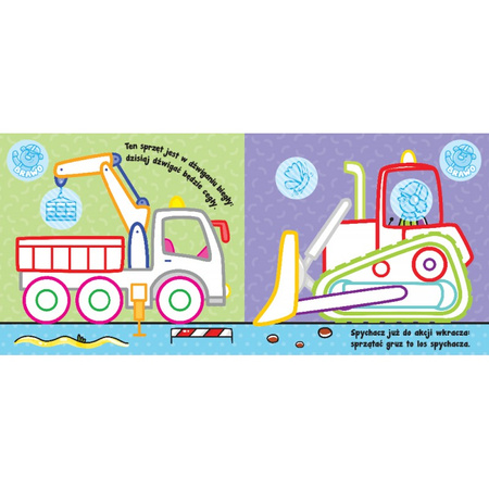 Pojazdy na budowie. Pierwsza kolorowanka z grubym obrysem i okrągłymi naklejkami. Papierowa zabawka
