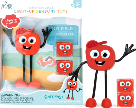 Glo Pals Postać do Kąpieli Sammy + 2 Kostki Sensoryczne Świecące w Wodzie, Czerwone LED 3+