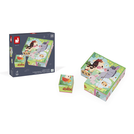 Janod Klocki układanka 6w1 Farma – 9 kostek, puzzle dla dzieci 2+