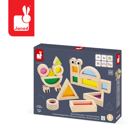 Janod – Klocki drewniane przezroczyste kolorowe sensoryczne 12m+