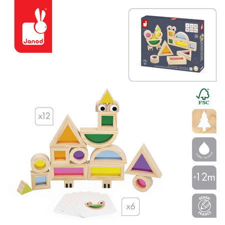 Janod – Klocki drewniane przezroczyste kolorowe sensoryczne 12m+