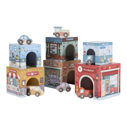 Little Dutch Wieża do układania + 6 autek FSC – edukacyjny zestaw klocków i pojazdów dla dzieci 12m+