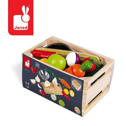 Drewniana skrzynka z warzywami i owocami do krojenia oraz akcesoriami 23 elementy