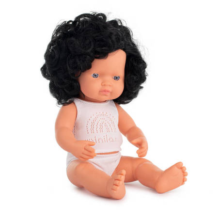 Lalka dziewczynka Europejka | Czarne Kręcone Włosy | 38 cm Miniland Doll